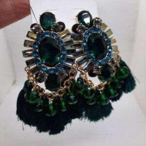 New ALDO Statement Emerald Green Tassels /Crystals Chandelier Oval Glam Earrings